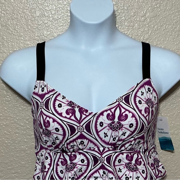 Swim Solution Ruffled Purple & White Patterned One Piece Swimsuit - Picture 2 of 4